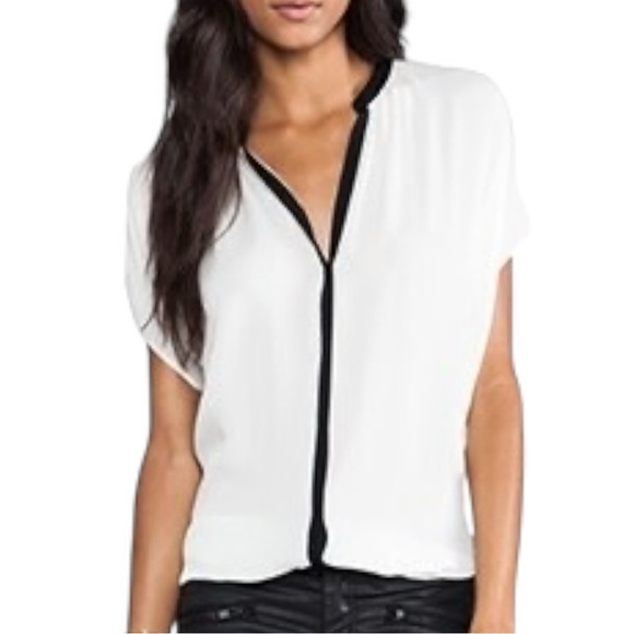 Vince Contrast Placket Blouse in Ivory & Black Small Silk Top Minimalist - Picture 1 of 15